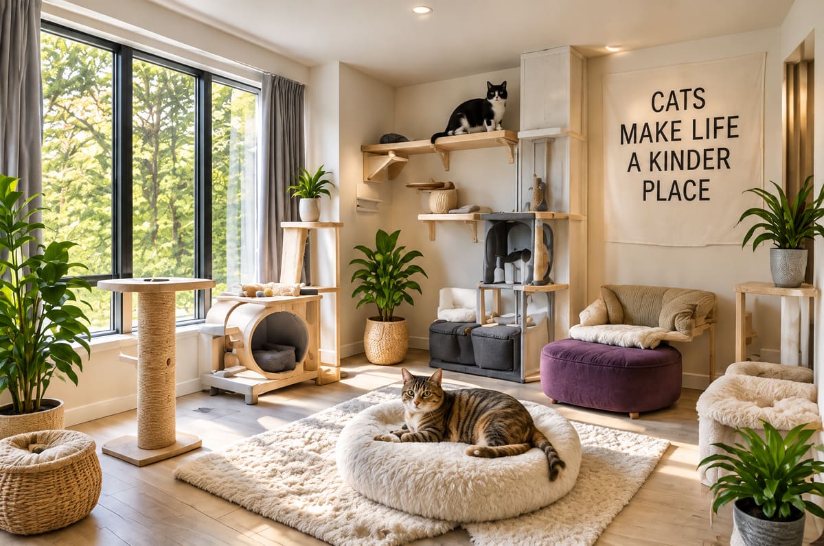A bright cat lounge with tall windows, wall shelves, scratching posts, plants and soft beds, a tabby resting on a fluffy round bed