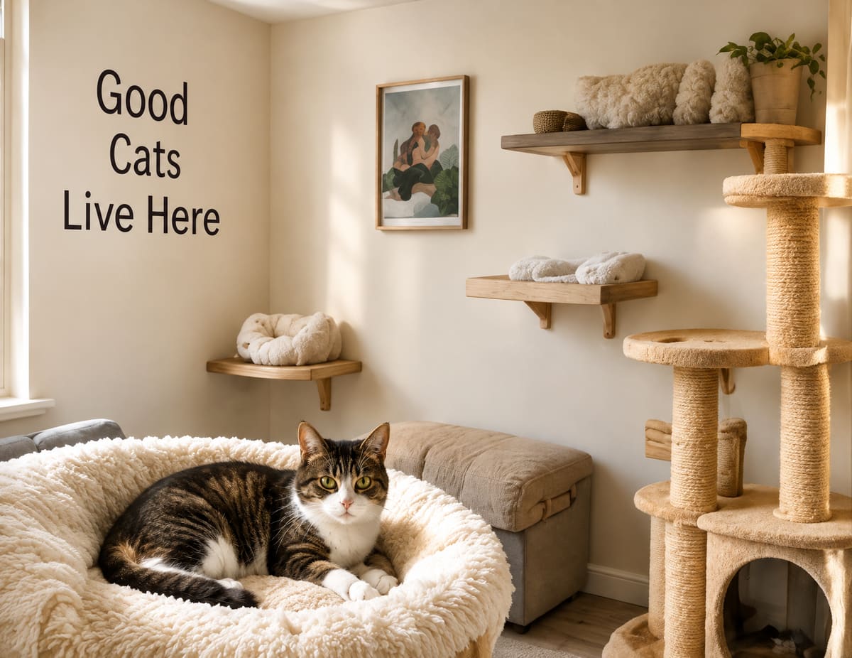 A cozy suite with a round plush bed, a cat tree and wall shelves, a tabby and white cat resting in the bed