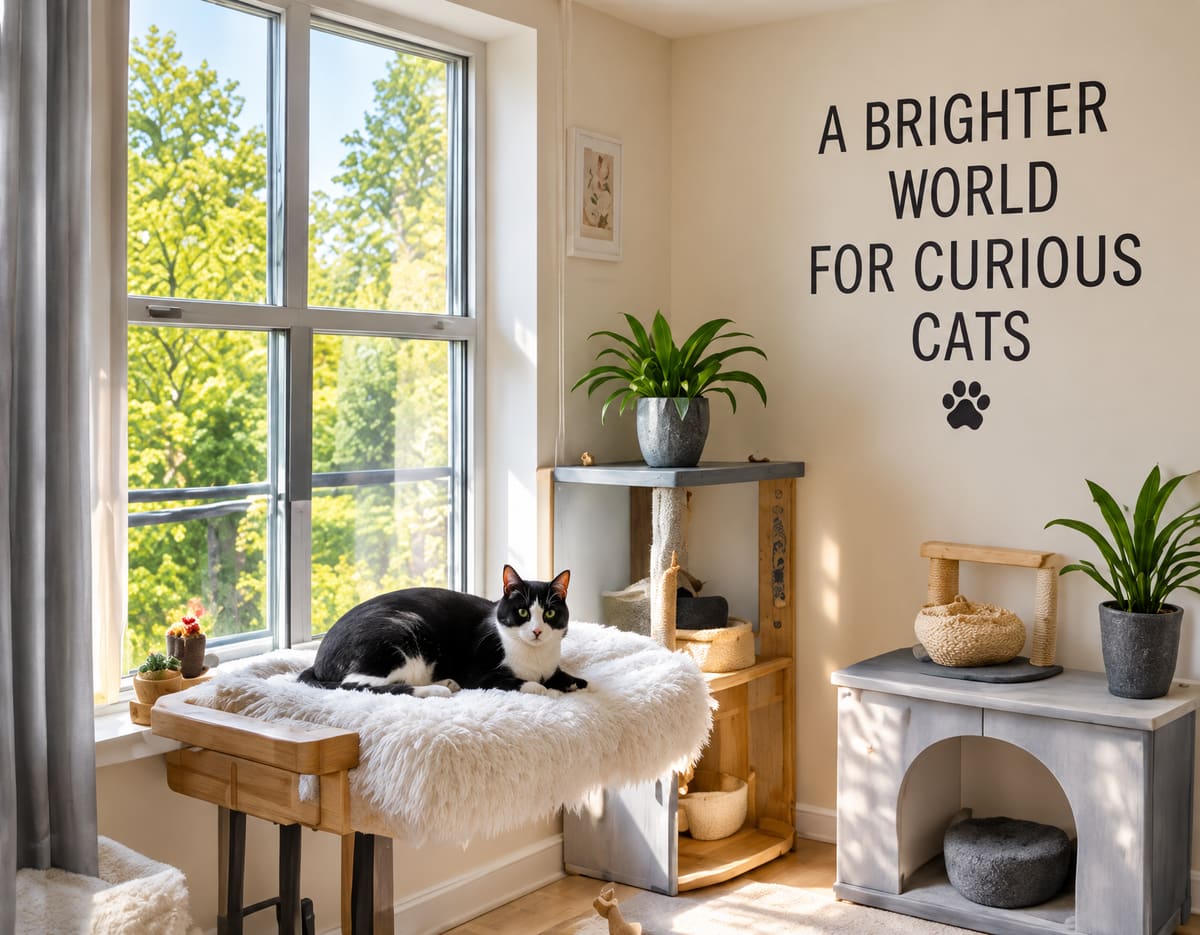 A sunlit suite beside a large window, a black and white cat lounging on a fluffy perch near a cat house and plants