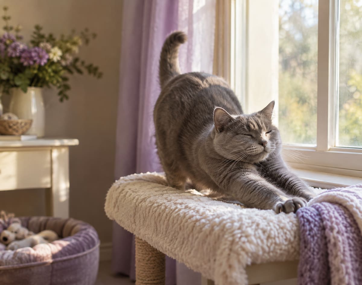 A grey cat stretched out on a soft window perch in a bright cream and lilac room