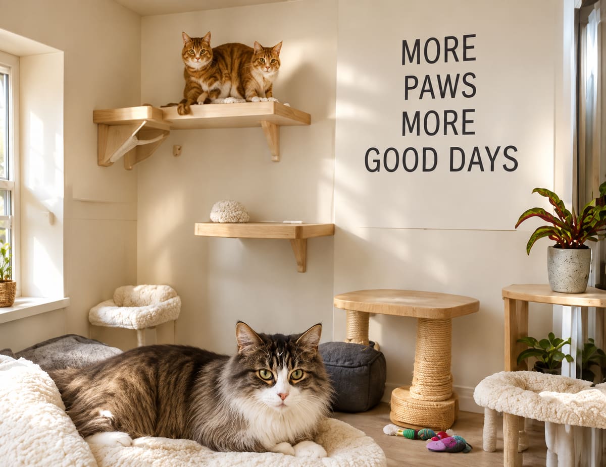 A roomy suite with climbing shelves and soft beds, a fluffy cat lying on a bed and two cats on a high shelf