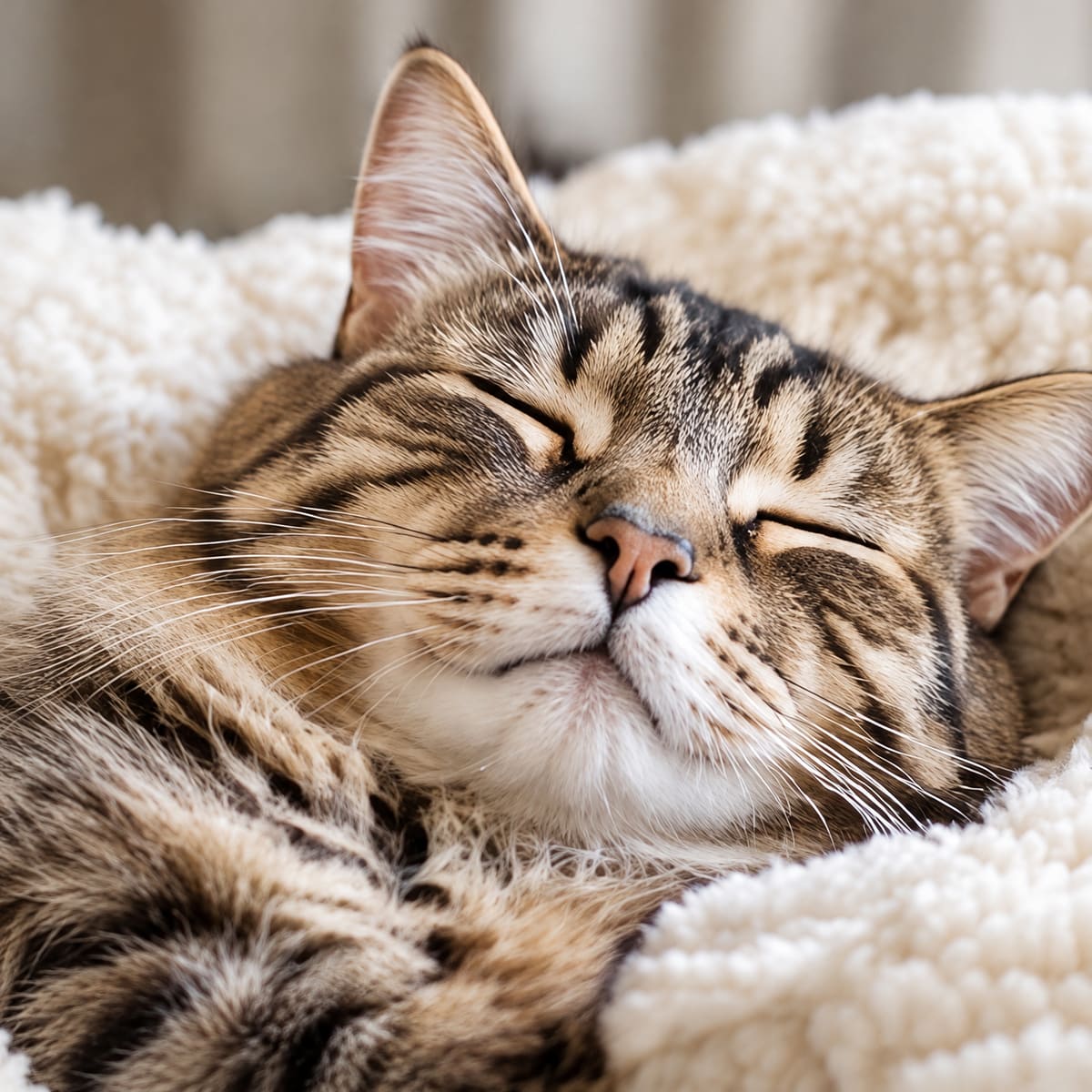 A tabby cat curled up asleep on a soft cream blanket, eyes closed and content